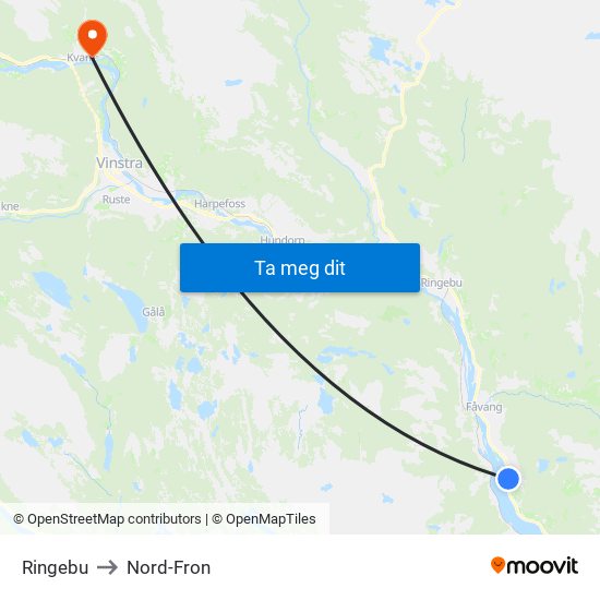 Ringebu to Nord-Fron map