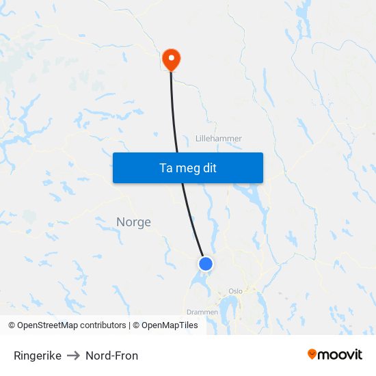 Ringerike to Nord-Fron map