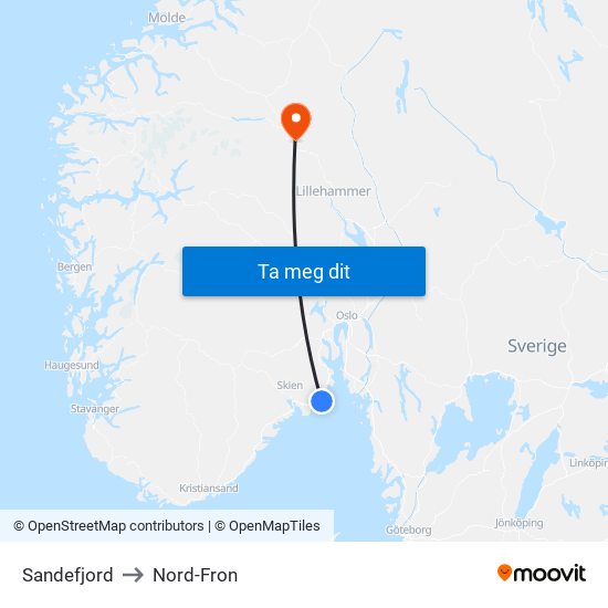 Sandefjord to Nord-Fron map