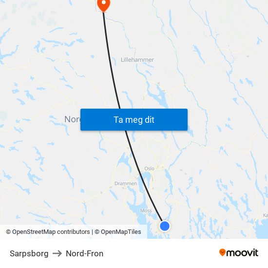 Sarpsborg to Nord-Fron map