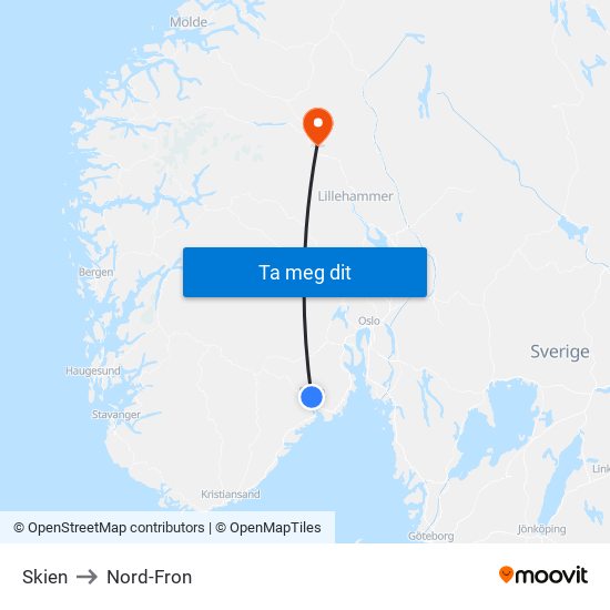 Skien to Nord-Fron map