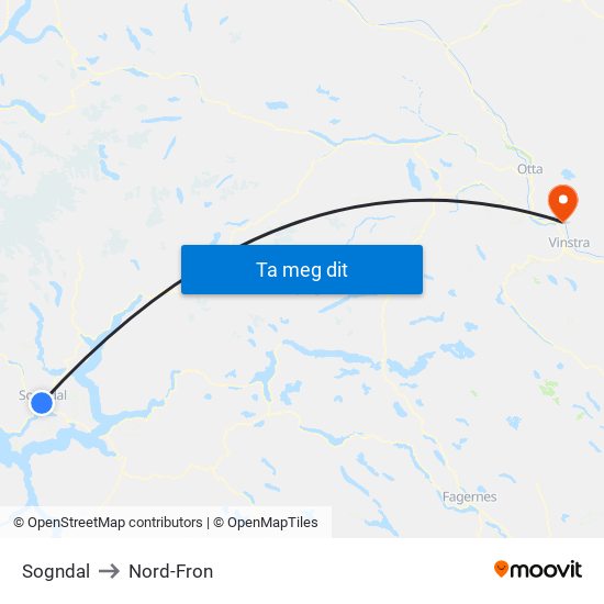 Sogndal to Nord-Fron map
