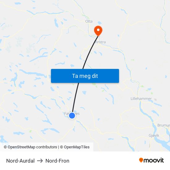 Nord-Aurdal to Nord-Fron map