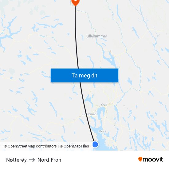 Nøtterøy to Nord-Fron map