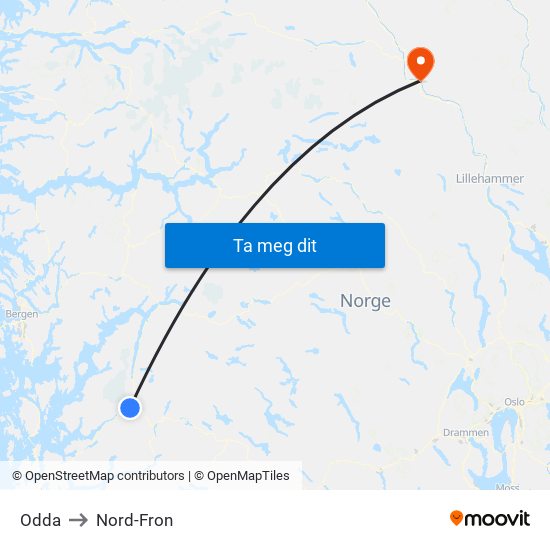 Odda to Nord-Fron map