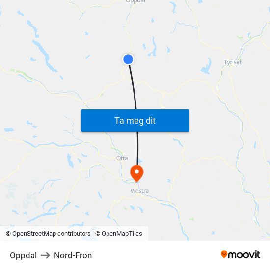 Oppdal to Nord-Fron map
