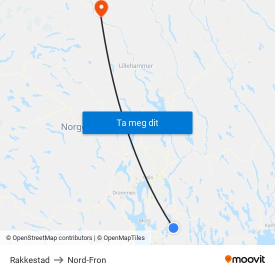 Rakkestad to Nord-Fron map