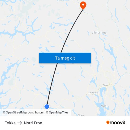 Tokke to Nord-Fron map