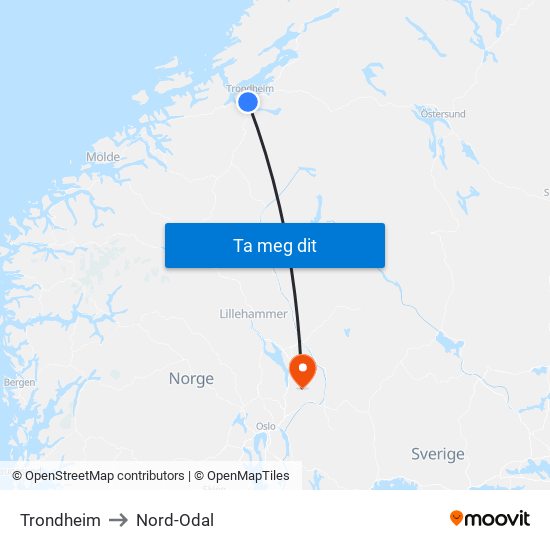 Trondheim to Nord-Odal map