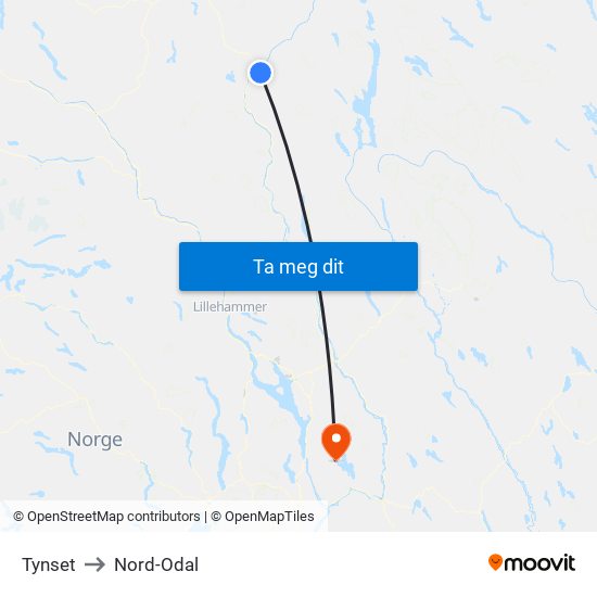 Tynset to Nord-Odal map