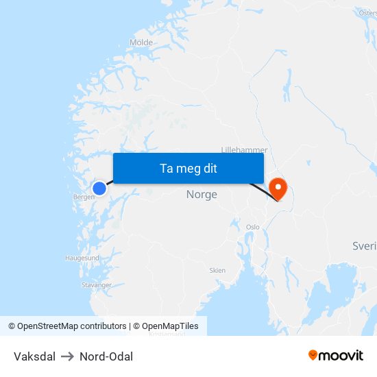 Vaksdal to Nord-Odal map