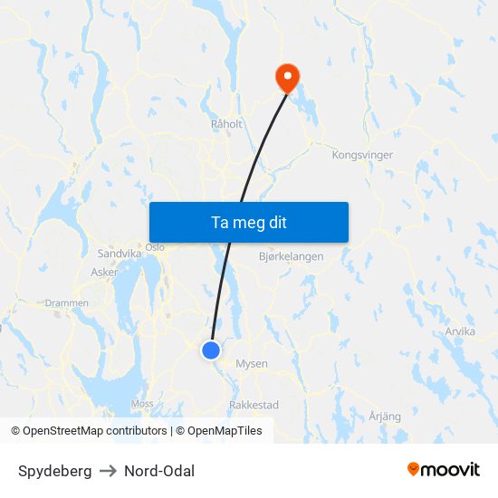 Spydeberg to Nord-Odal map