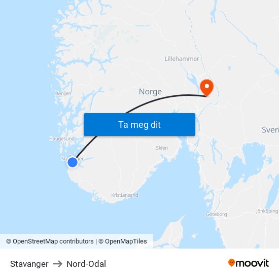 Stavanger to Nord-Odal map