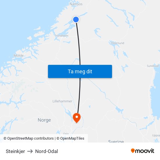 Steinkjer to Nord-Odal map