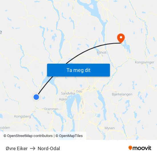 Øvre Eiker to Nord-Odal map