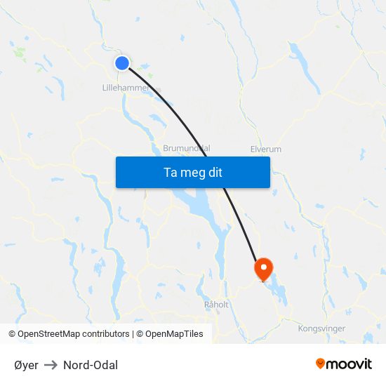 Øyer to Nord-Odal map