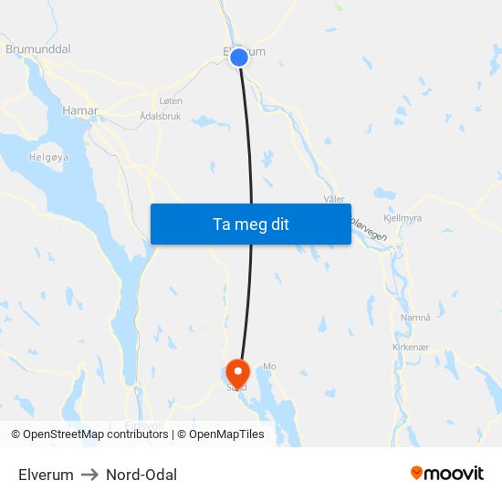 Elverum to Nord-Odal map
