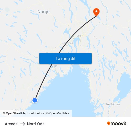 Arendal to Nord-Odal map