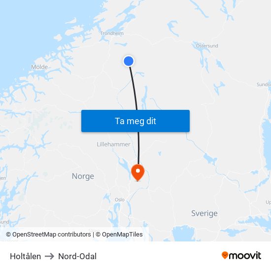 Holtålen to Nord-Odal map