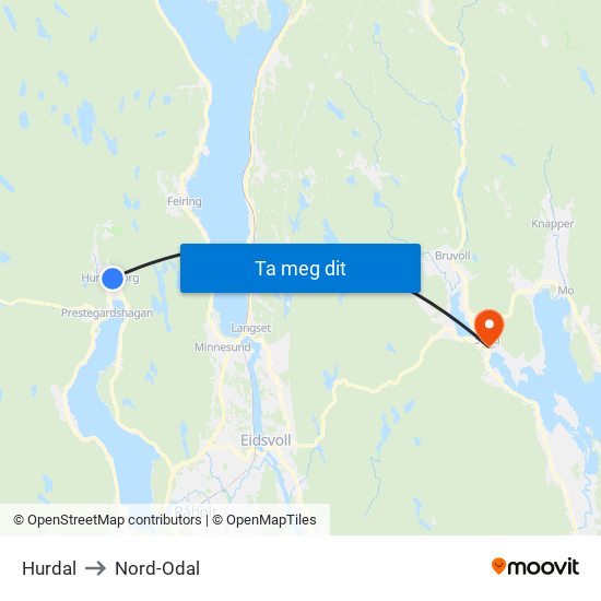 Hurdal to Nord-Odal map