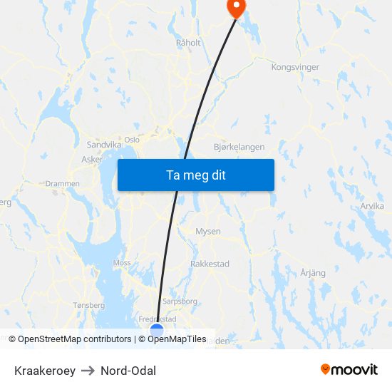 Kraakeroey to Nord-Odal map