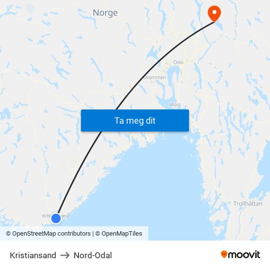 Kristiansand to Nord-Odal map