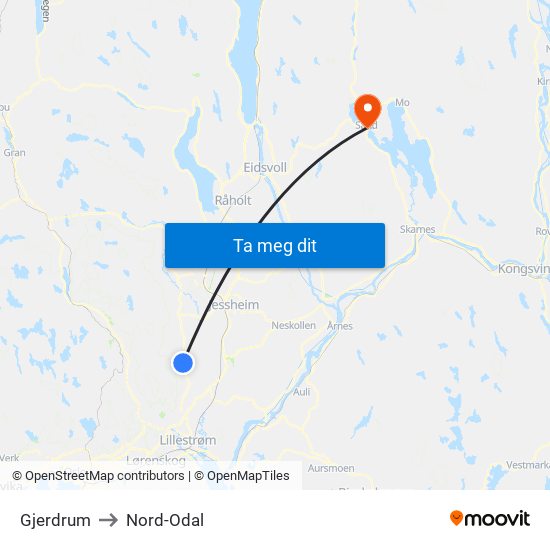 Gjerdrum to Nord-Odal map