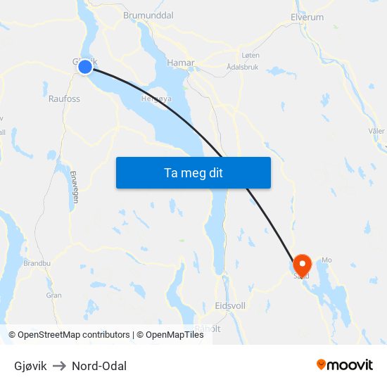 Gjøvik to Nord-Odal map