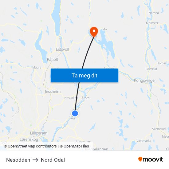 Nesodden to Nord-Odal map