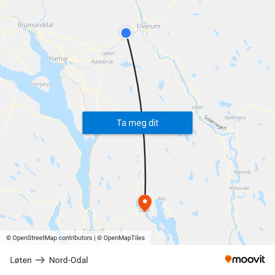 Løten to Nord-Odal map