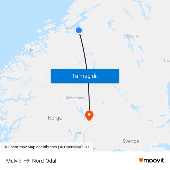 Malvik to Nord-Odal map