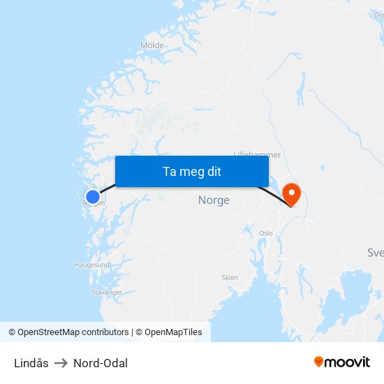 Lindås to Nord-Odal map