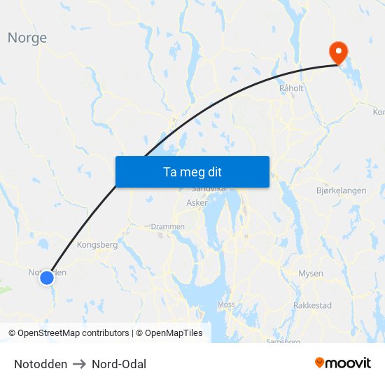 Notodden to Nord-Odal map