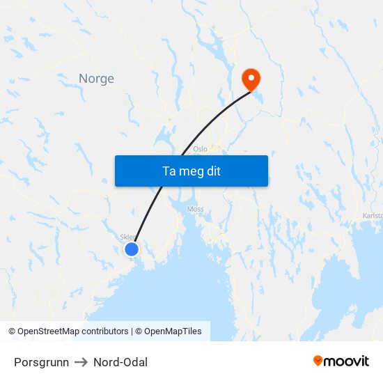 Porsgrunn to Nord-Odal map