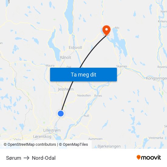 Sørum to Nord-Odal map