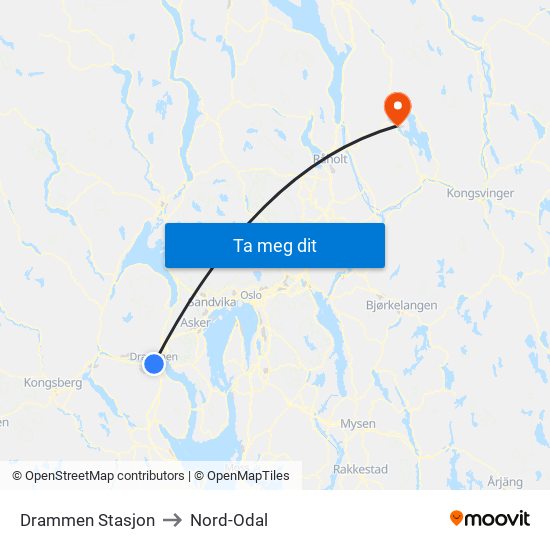 Drammen Stasjon to Nord-Odal map