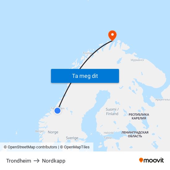 Trondheim to Nordkapp map