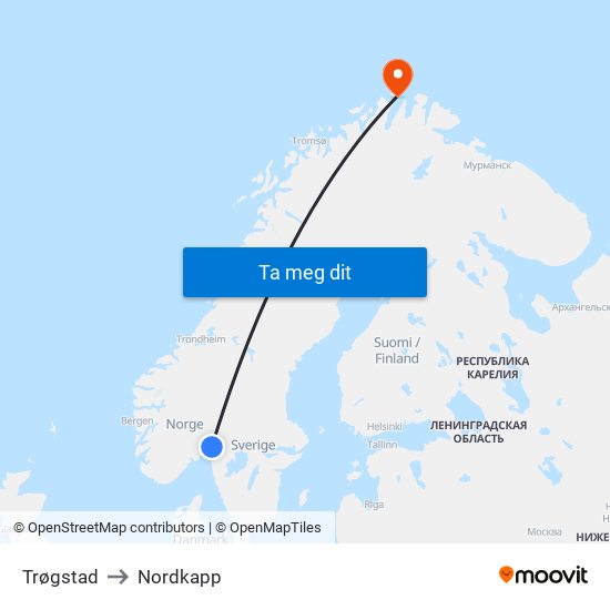 Trøgstad to Nordkapp map