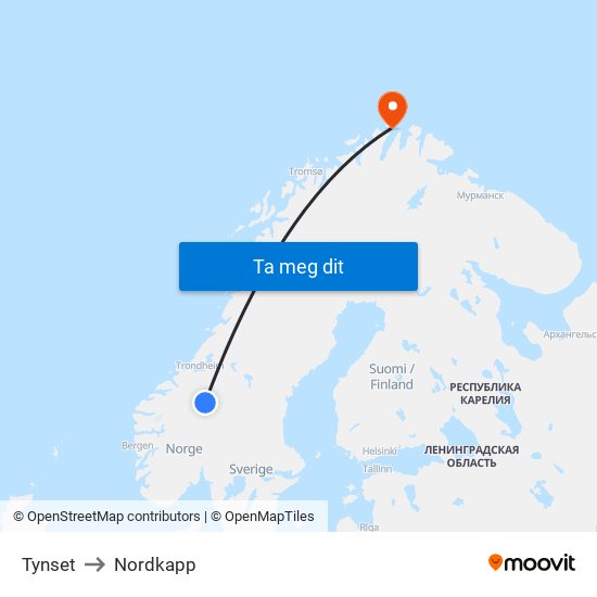 Tynset to Nordkapp map