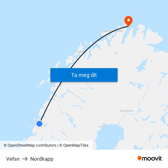 Vefsn to Nordkapp map