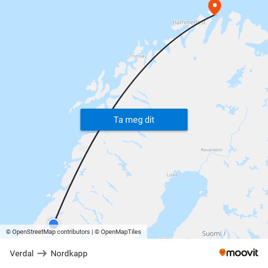 Verdal to Nordkapp map
