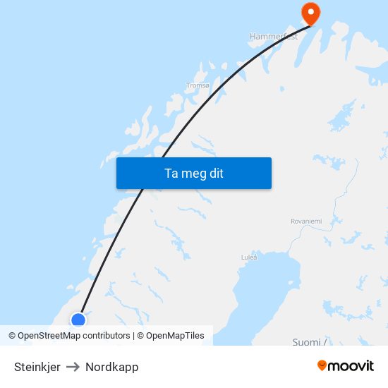 Steinkjer to Nordkapp map