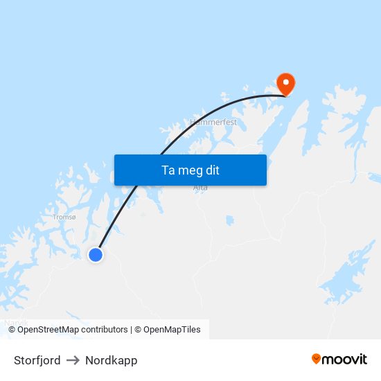 Storfjord to Nordkapp map