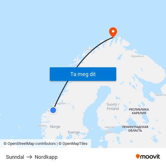 Sunndal to Nordkapp map