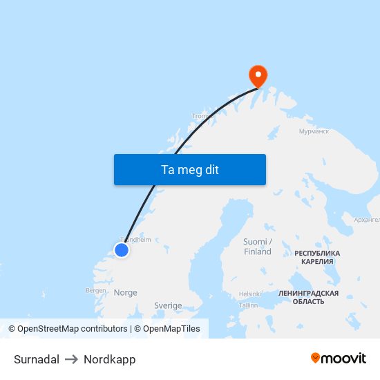 Surnadal to Nordkapp map