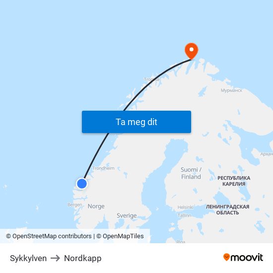Sykkylven to Nordkapp map