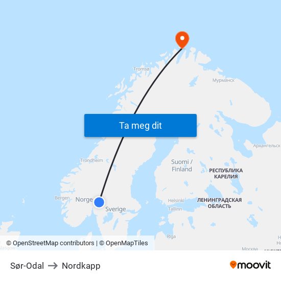 Sør-Odal to Nordkapp map