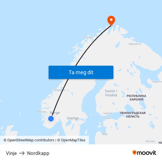 Vinje to Nordkapp map