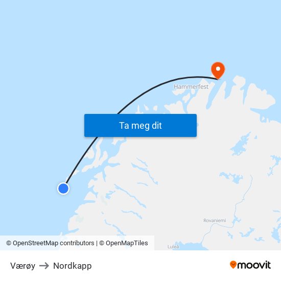 Værøy to Nordkapp map