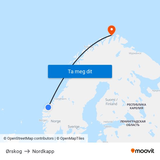 Ørskog to Nordkapp map